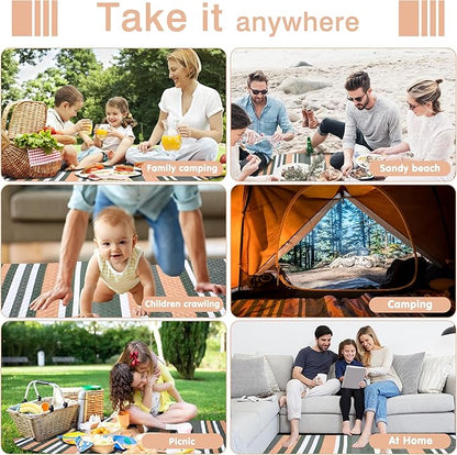 Waterproof Picnic Blanket 80" x 80" in Portable with Carry Strap for Beach Mat or Family Outdoor Camping Party, Park Blanket for Grass Park Hiking Travel Concerts (Dark Green&White&Orange, 80" x 80")