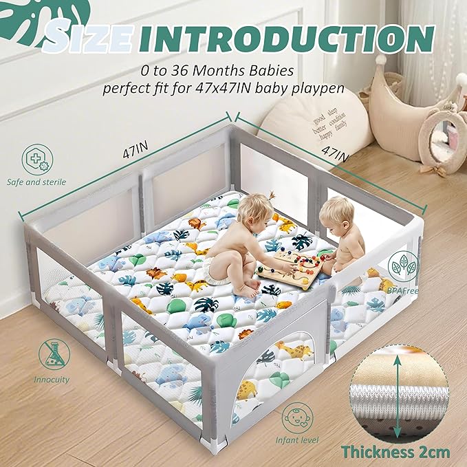 Baby Play Mats for Floor, 47x47 Playpen Mat for Babies, Extra Thicker & Soft Floor Crawling Mat, Foldable Non-Slip Playmat Cushioned for Infants Toddlers, Cute Animal Design