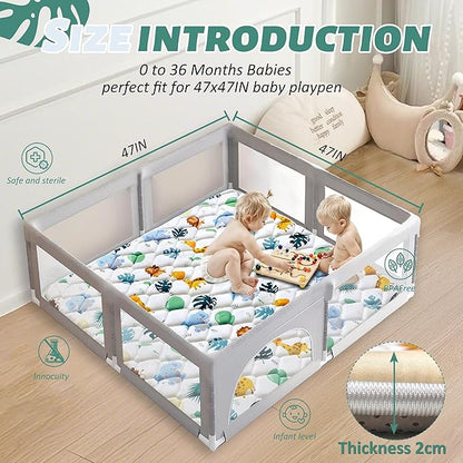 Baby Play Mats for Floor, 47x47 Playpen Mat for Babies, Extra Thicker & Soft Floor Crawling Mat, Foldable Non-Slip Playmat Cushioned for Infants Toddlers, Cute Animal Design