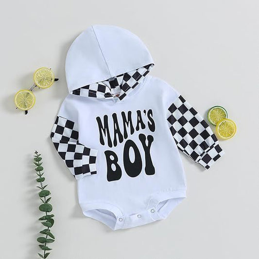 Letter-printed Plaid Patchwork Long-sleeve Hooded Romper