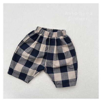 Retro Blue Plaid Casual Capri Pants Children's Middle Pants