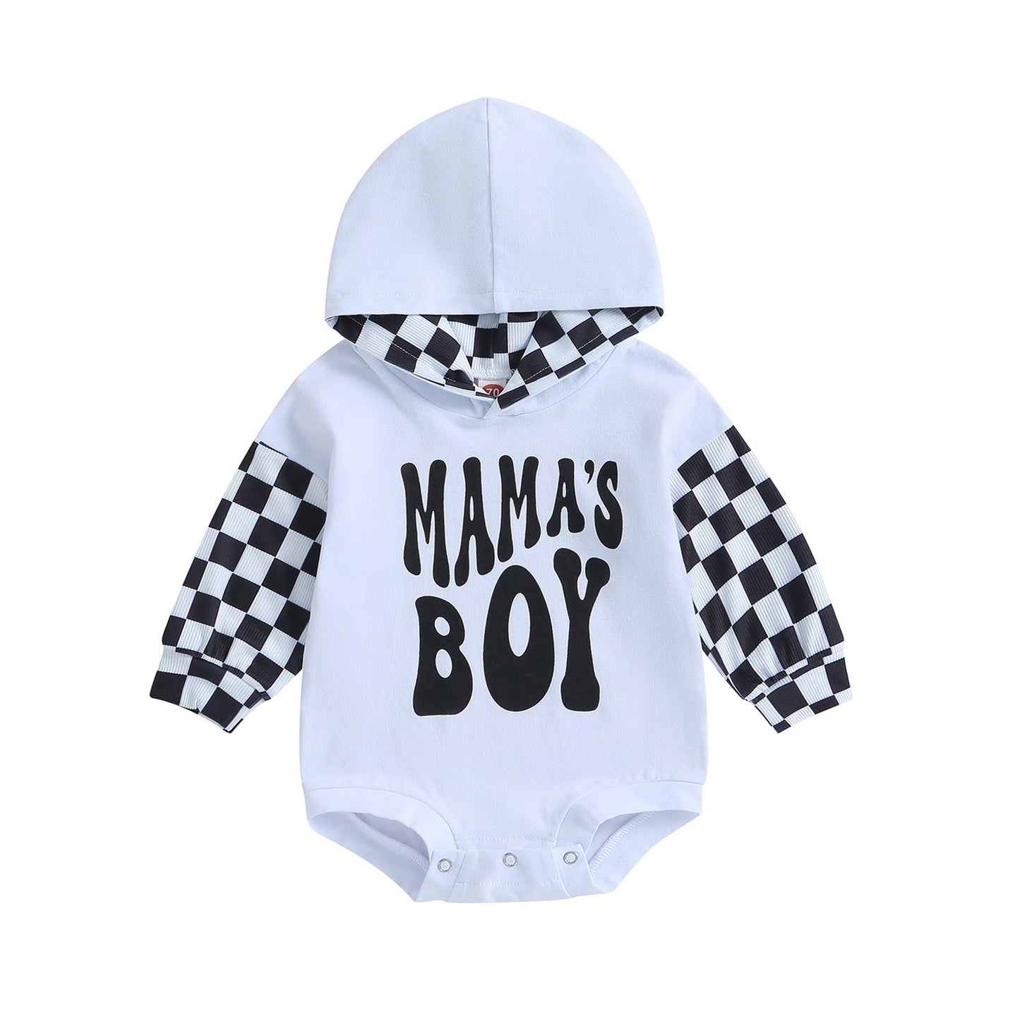 Letter-printed Plaid Patchwork Long-sleeve Hooded Romper