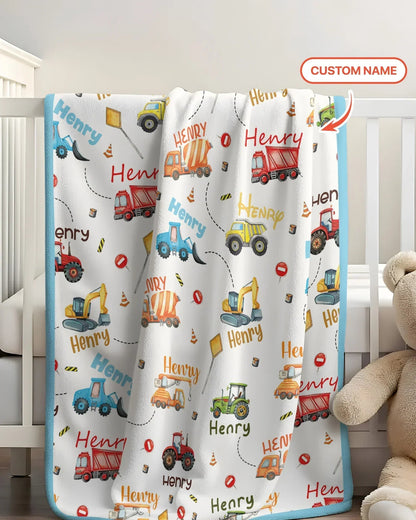Construction Vehicles Custom Name Bamboo Blanket