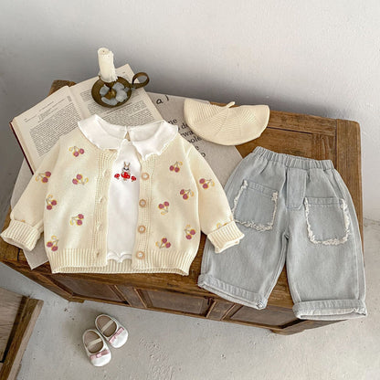 Cherry Embroidery Knitted Long-sleeved Coat Children's New Top