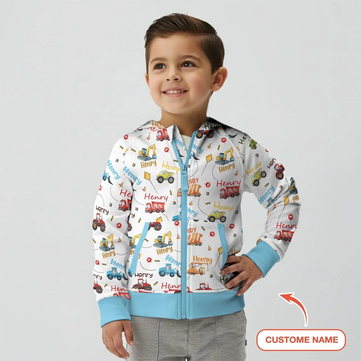 Construction Vehicles Custom Name Bamboo Zip Hoodie