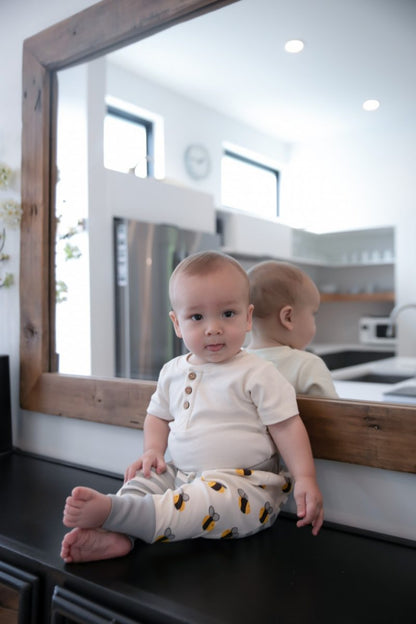 GOTS Certified Natural Henley Short Sleeve Bodysuit + Coconut Buttons