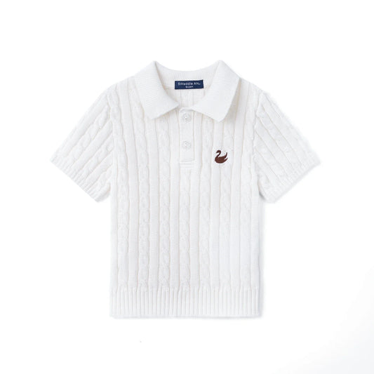 Cable Knit Polo Sweater in White