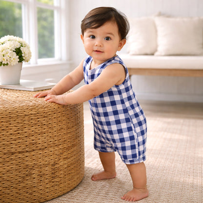 Picnic Plaid Soft Bamboo Sleeveless Baby Shortall Romper