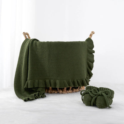 Ruffled Edge Knit Baby Blanket in Forest Green