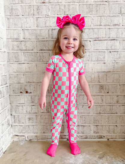 Bubblegum Checks Bamboo Short Sleeve Sleeper (FINAL SALE)