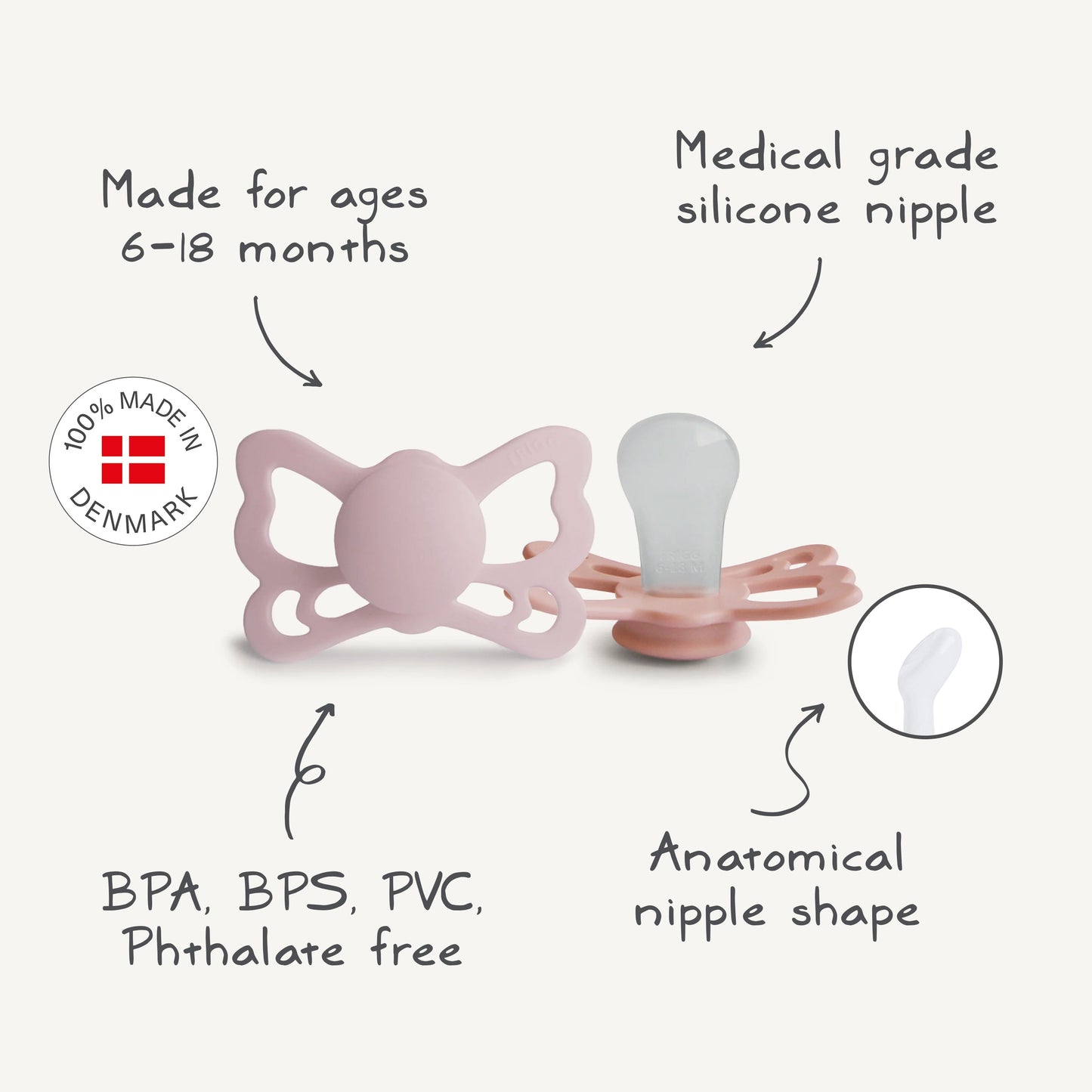FRIGG Butterfly Anatomical Silicone Pacifier 2-Pack (6-18 Months)