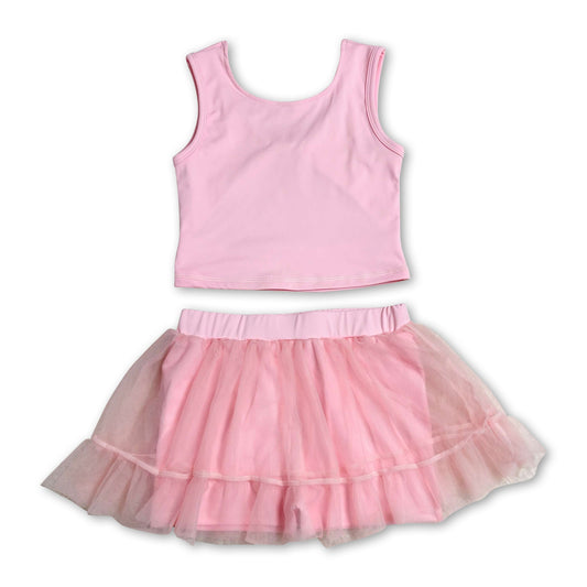 Pink sleeveless backless top tulle skirt girls active wear set