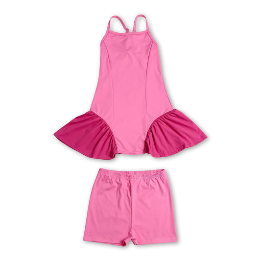 Straps pink patchwork athletic dress shorts girls active set
