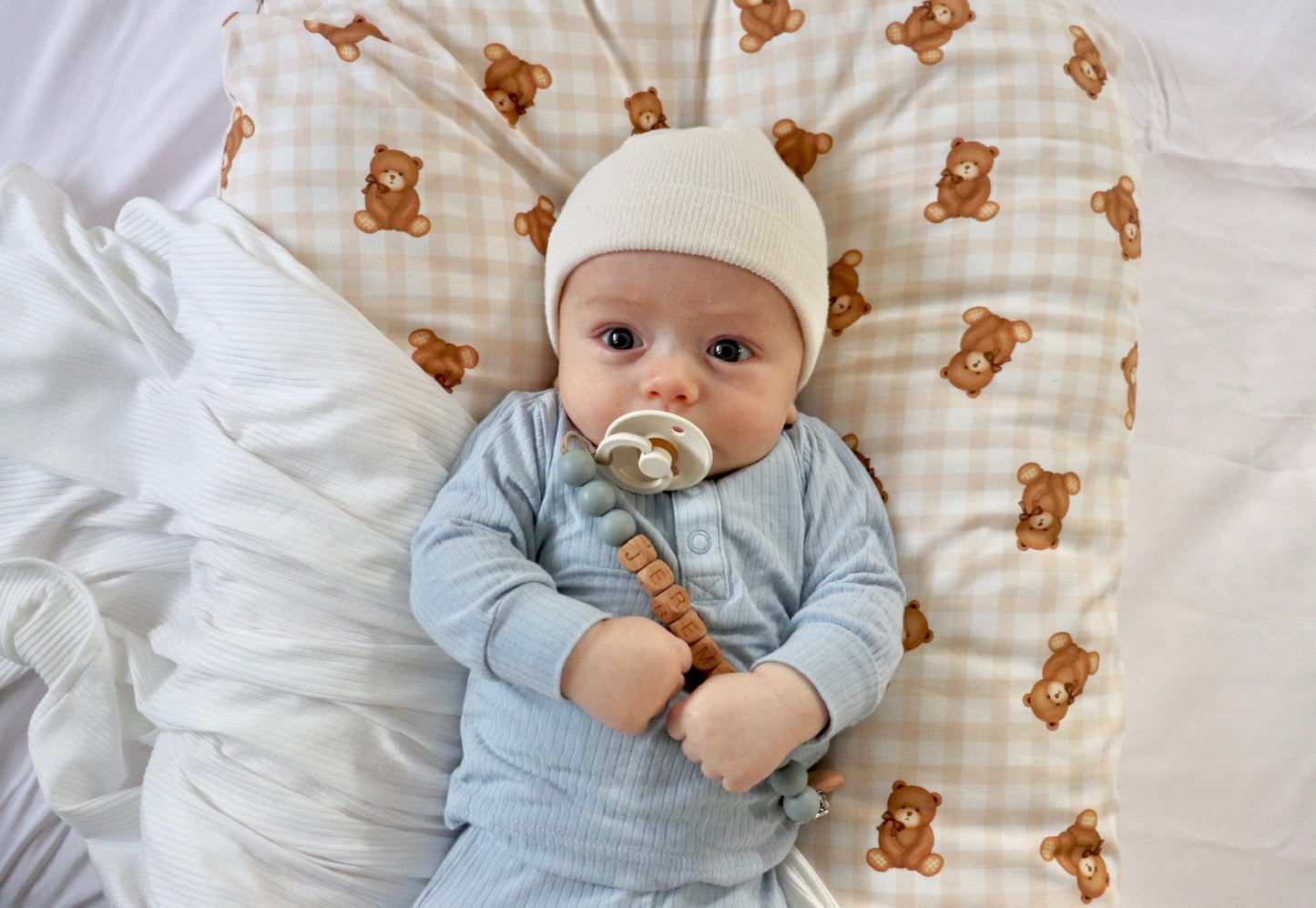 Beige Teddy Bear Gingham Ruffle Baby Lounger Cover