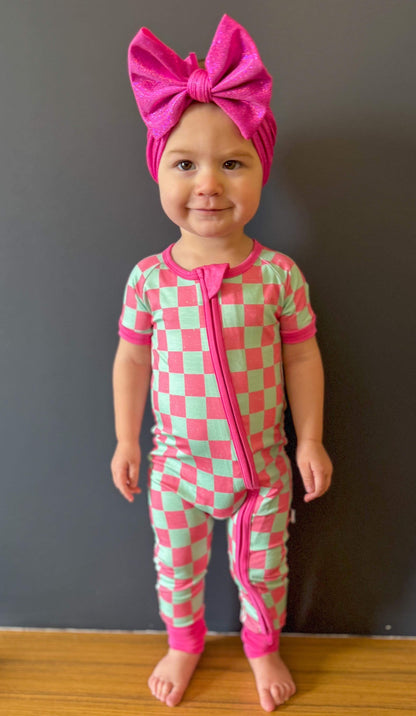 Bubblegum Checks Bamboo Short Sleeve Sleeper (FINAL SALE)