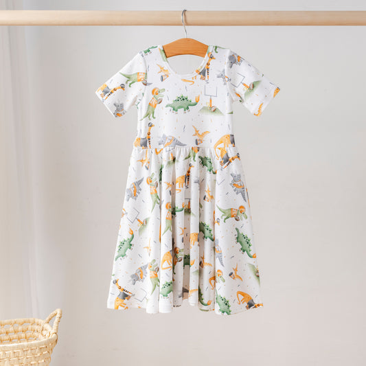 Orange Dino All-Stars Organic Cotton Dress for Kids