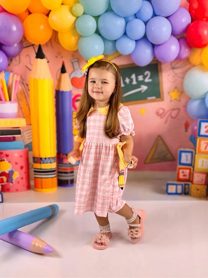 Girls Back To School Pencil Twirl Dress Bow Applique Smocked