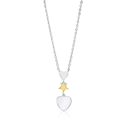 MASSETE Sterling Silver 925 Triple Dangle Heart and Gold Plated Star Pendant Necklace Rolo Chain 17"