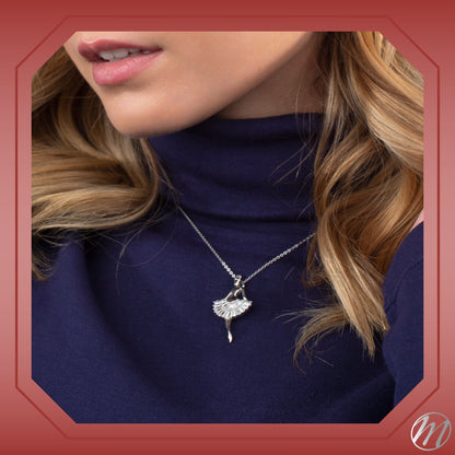 Sterling Silver Necklace Pendant for Girls Ballerina Ballet Dancer with Simulated Diamonds Baguettes 17.5"