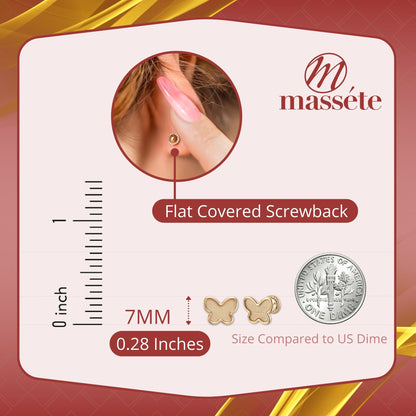 14k Yellow Gold Butterfly Stud Earrings Matte Finish, Covered Screwback Closure for Girls and Women