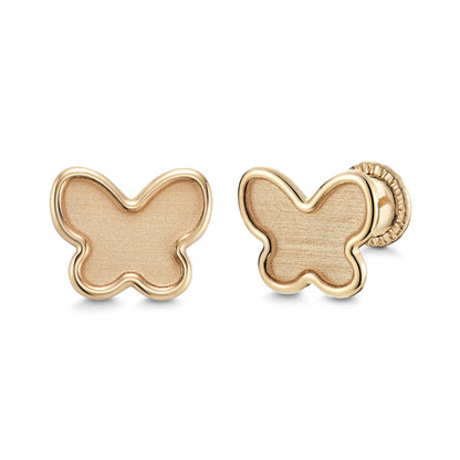 14k Yellow Gold Butterfly Stud Earrings Matte Finish, Covered Screwback Closure for Girls and Women