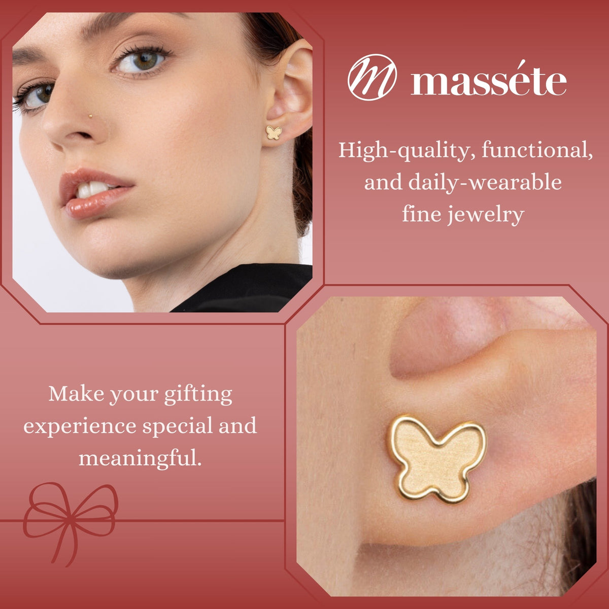14k Yellow Gold Butterfly Stud Earrings Matte Finish, Covered Screwback Closure for Girls and Women