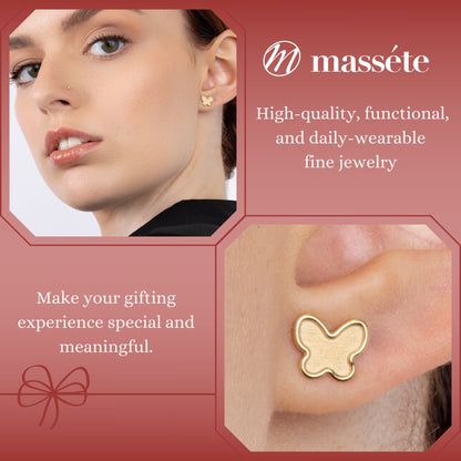 14k Yellow Gold Butterfly Stud Earrings Matte Finish, Covered Screwback Closure for Girls and Women