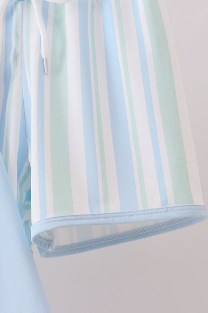 Blue character embroidery stripe long sleeve swimsuit