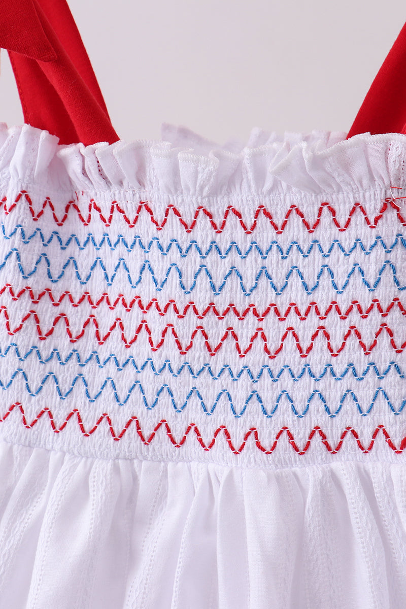 White smocked jacquard ruffle dress