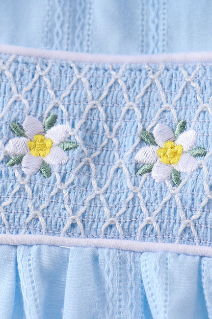 Blue floral smocked jacquard ruffle dress