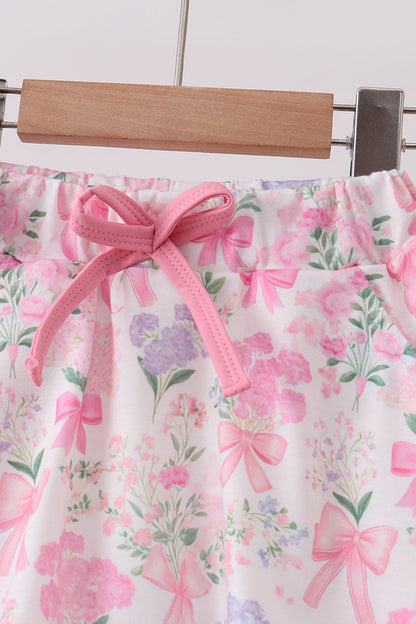 Pink floral bow skorts set