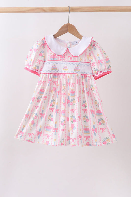 Pink birthday cake smocked dress