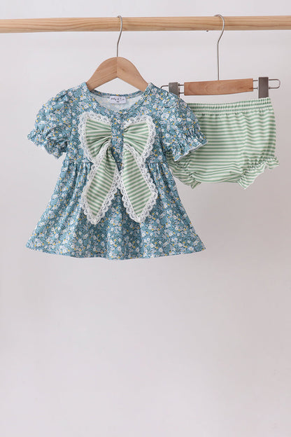 Teal Floral Lace Bow Bloomer Set