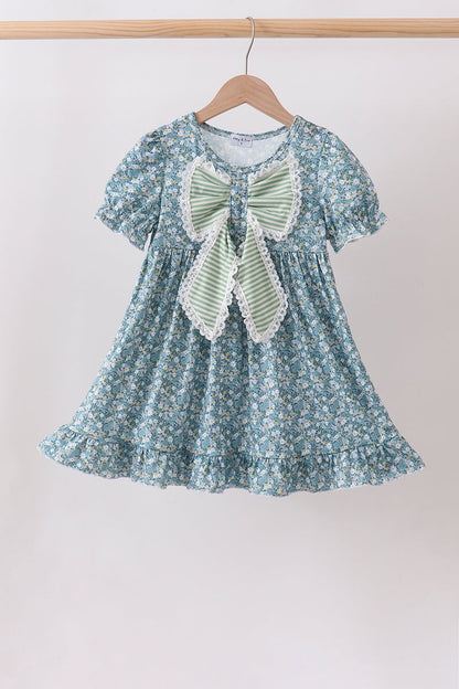 Teal Floral Lace Bow Dress