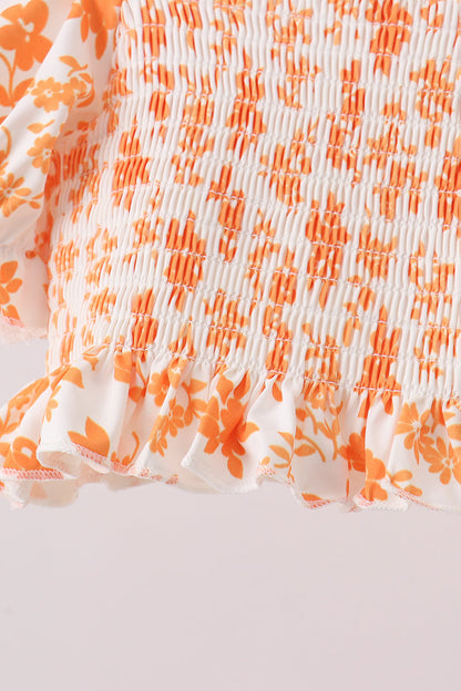 Orange Floral Smocked 2PC Ruffle Swimsuit