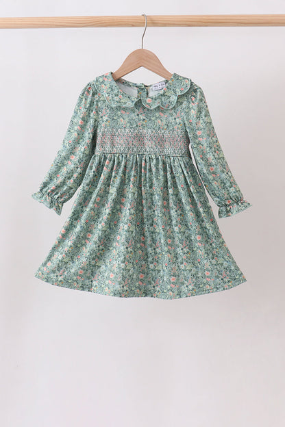 Green Floral Smocked Dress