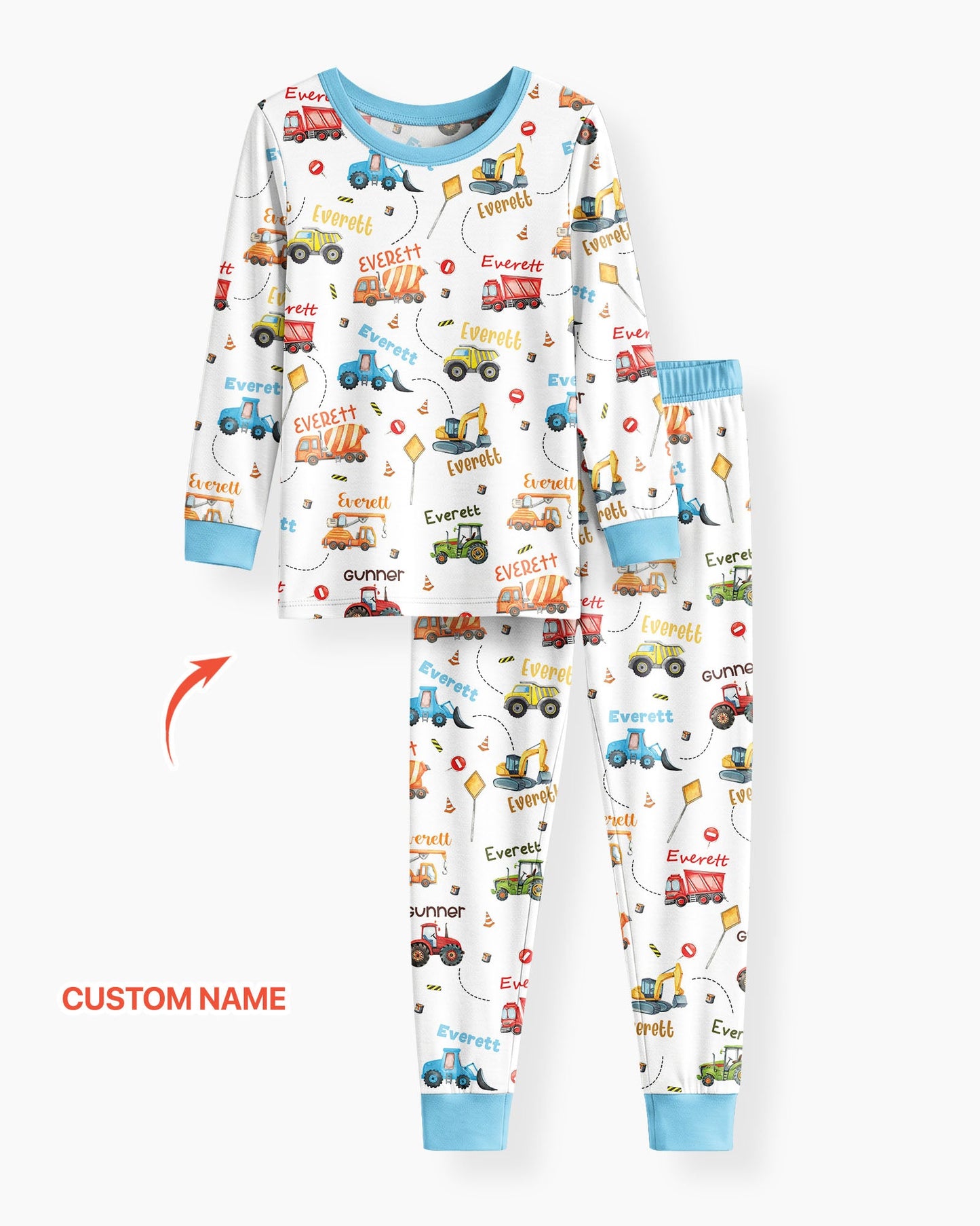 Construction Vehicles Custom Name Bamboo Two Piece Long Sleeve Pajama Set