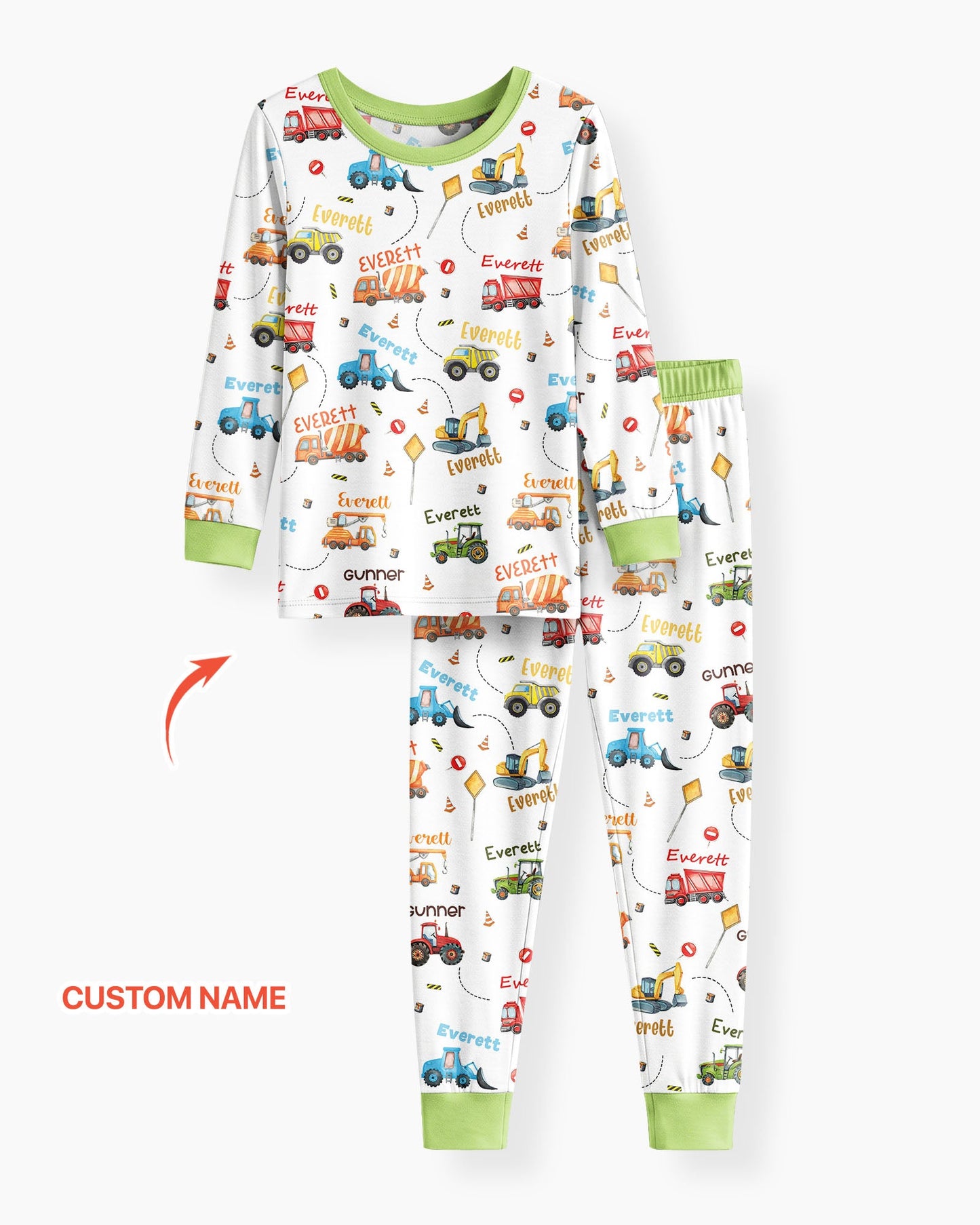 Construction Vehicles Custom Name Bamboo Two Piece Long Sleeve Pajama Set