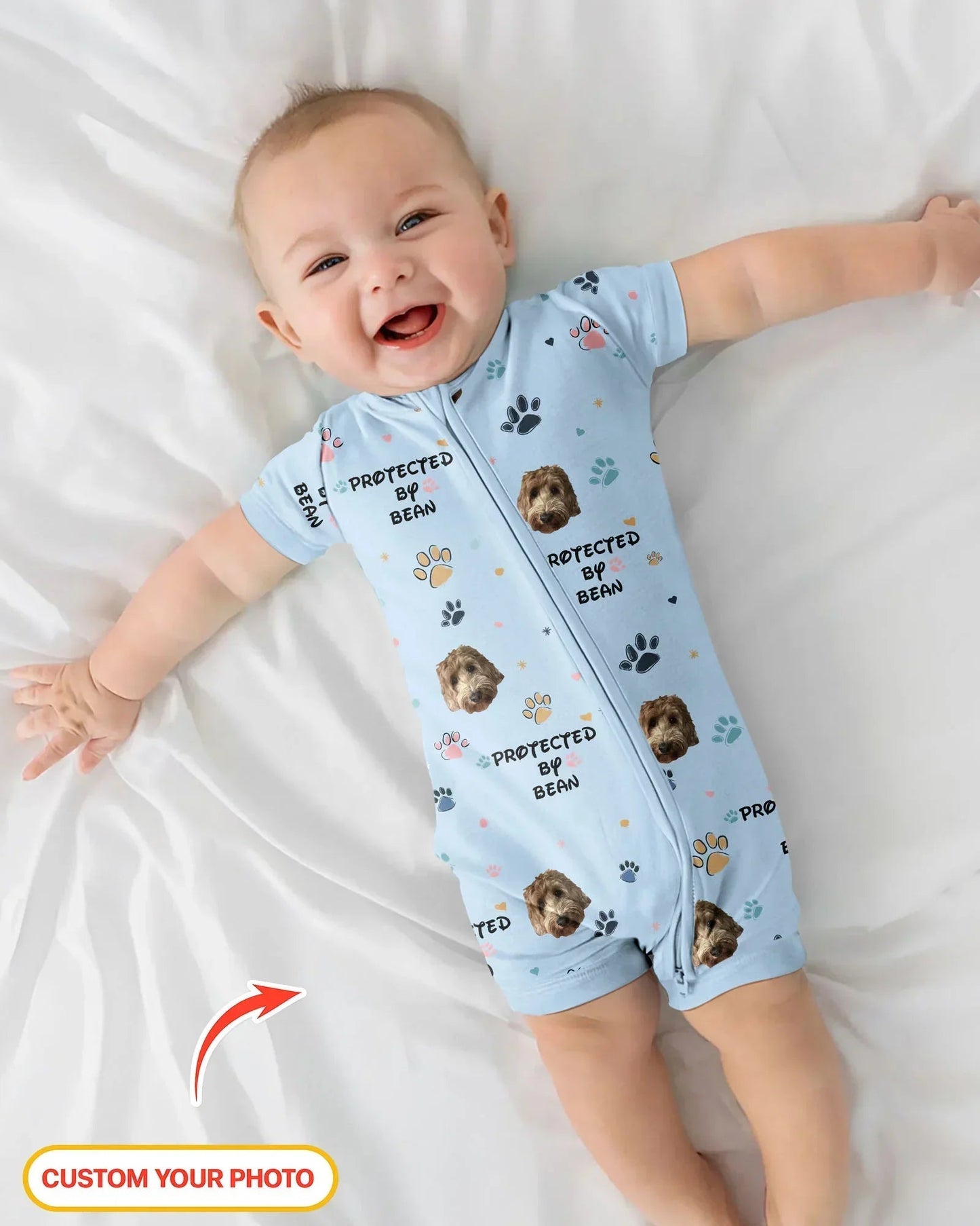 Custom Dog Photo Pattern "Protected By" Bamboo Shorty Zippered Romper