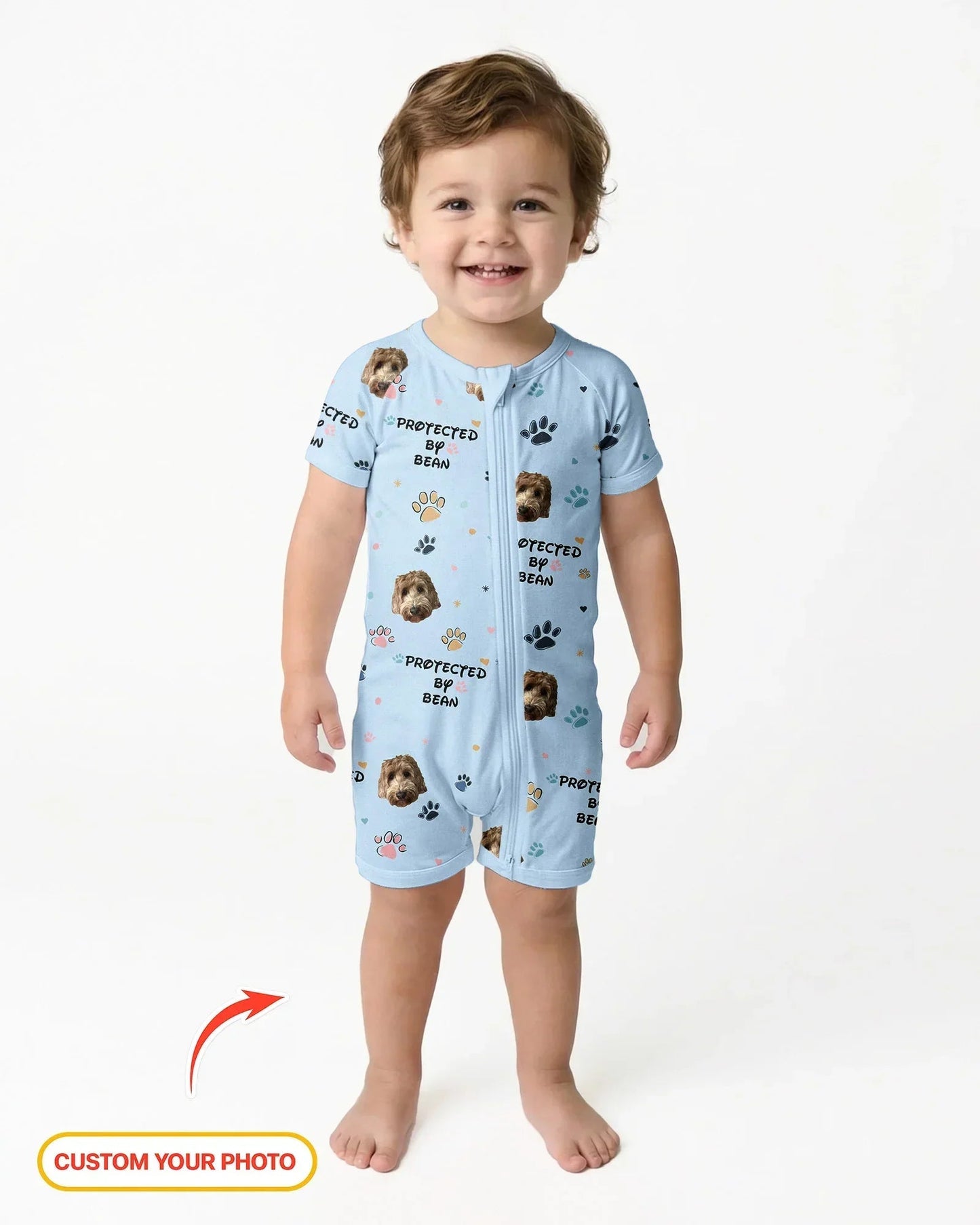 Custom Dog Photo Pattern "Protected By" Bamboo Shorty Zippered Romper