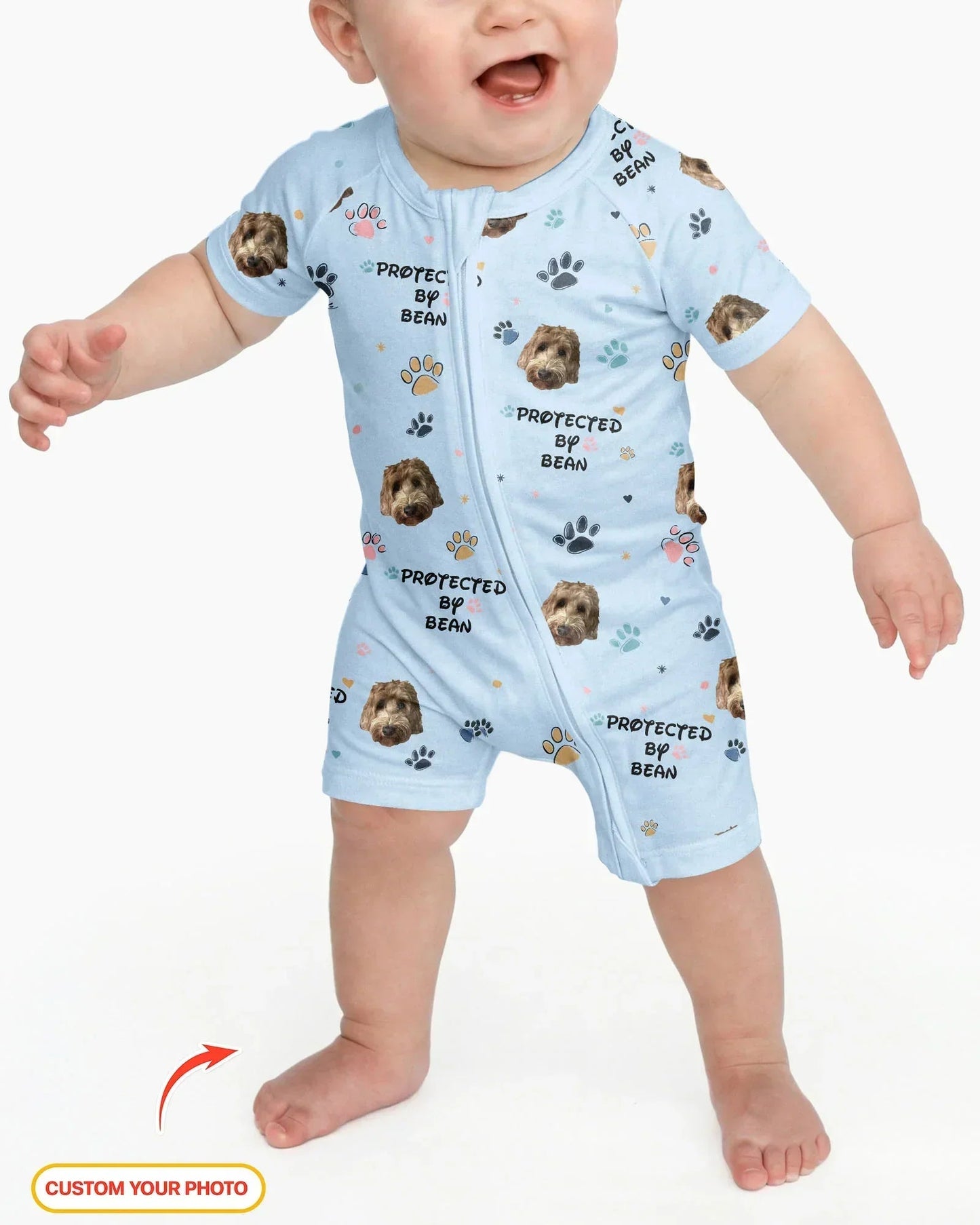 Custom Dog Photo Pattern "Protected By" Bamboo Shorty Zippered Romper