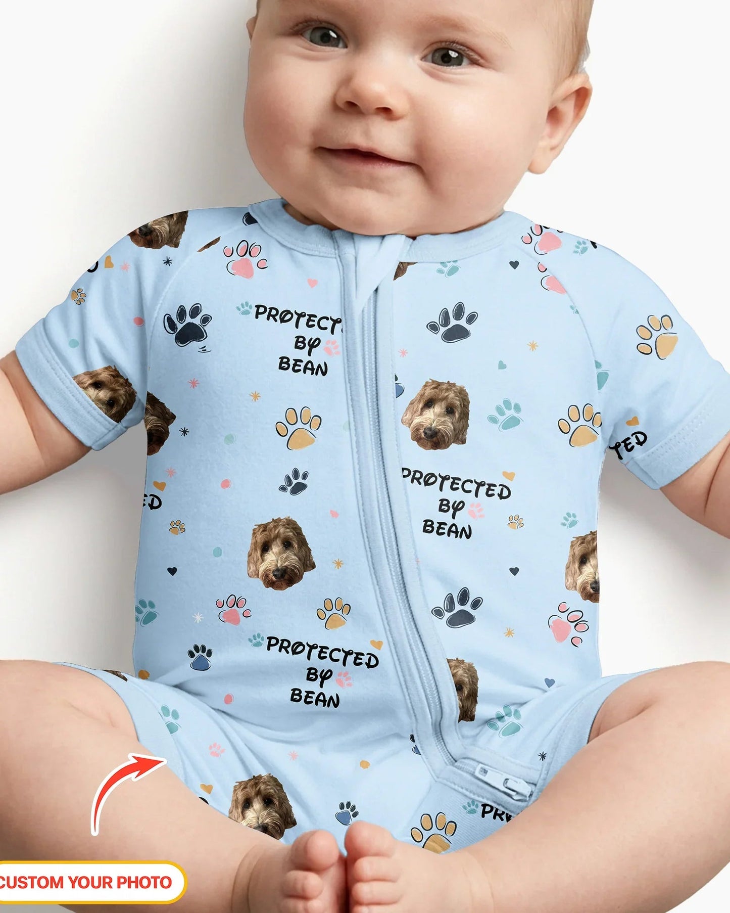 Custom Dog Photo Pattern "Protected By" Bamboo Shorty Zippered Romper
