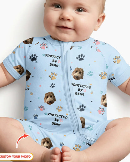 Custom Dog Photo Pattern "Protected By" Bamboo Shorty Zippered Romper