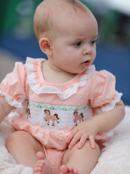 Western Horse Embroidery Girls Romper Lace Petals Collar Puff Sleeve