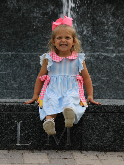Back To School Girls Striped lapels Bow Dress