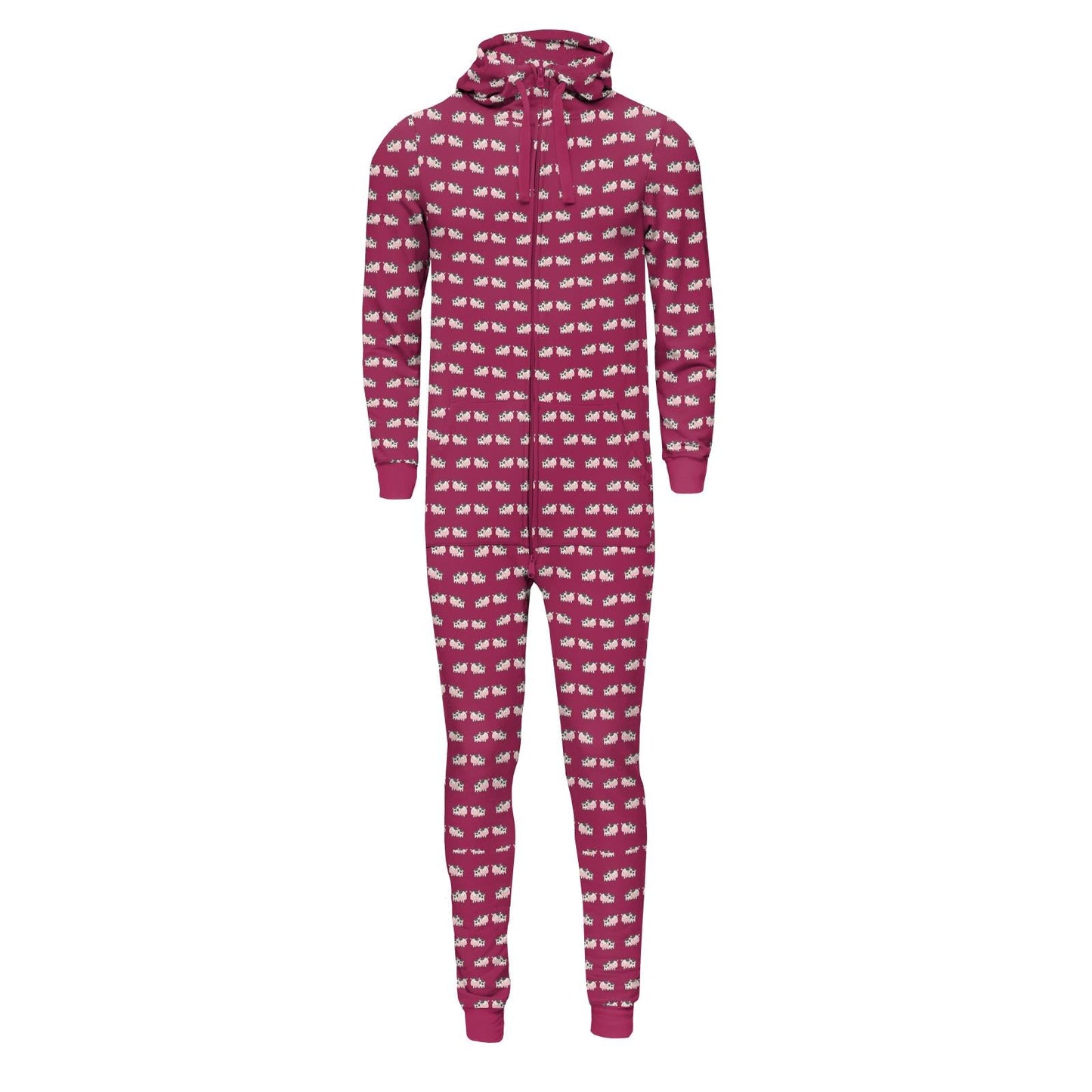 Print Adult Fleece Jumpsuit with Hood in Berry Cow