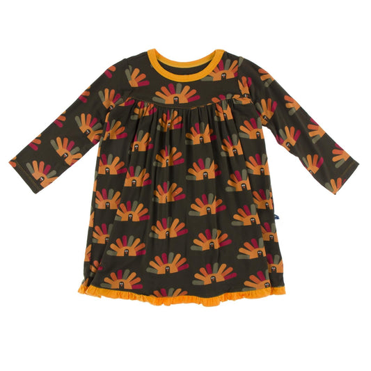 Print Long Sleeve Swing Dress in Bark Turkey