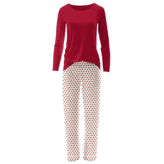 Women's Long Sleeve Relaxed Tee & Pajama Pants Set in Natural Hearts