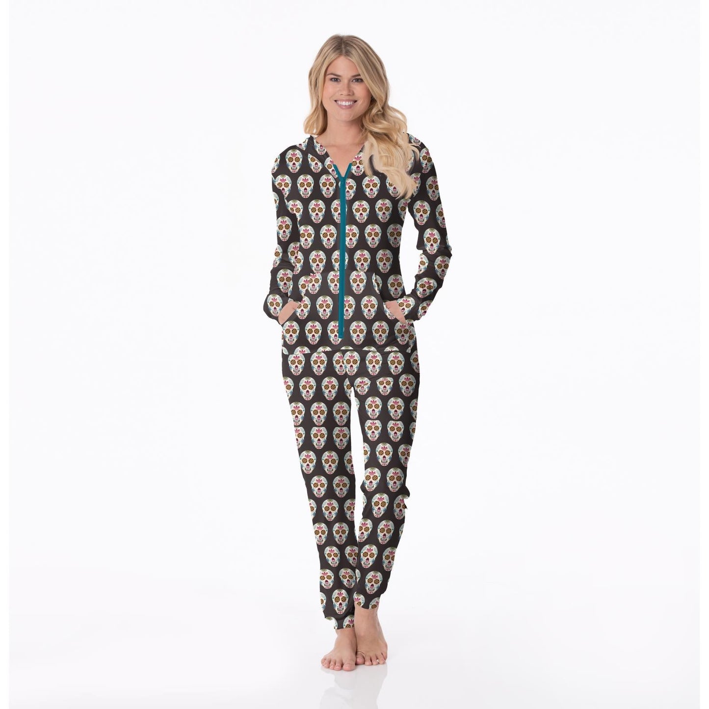 Women's Print Long Sleeve Jumpsuit with Hood in Midnight Dia de los Muertos