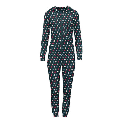 Women's Print Long Sleeve Jumpsuit with Hood in Pine Happy Gumdrops